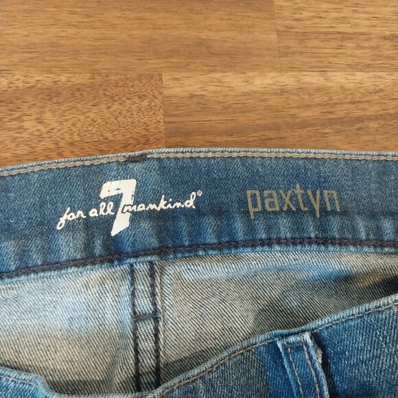 7 For All Mankind Jeans Mens 33x28 Paxtyn Blue Distressed Raw Hem Made in USA - Picture 9 of 12